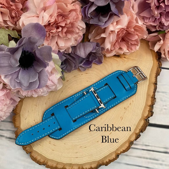 Vegan Leather Blue Double Cuff Watchband for Apple - Picture 9 of 14